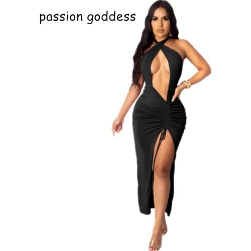 2020 Plus Size Women Sexy Dresses Party Nightclub Dress Halter Sleeveless Backless Sheath Hollow Out Ankle Length Split Dress