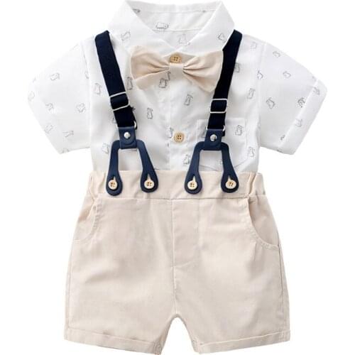 Summer Kids Gentleman Outfits Baby Boys Clothes Set Newborn Bowtie Bodysuit+Bibs Overalls 2pcs Party Clthes Children Clothing