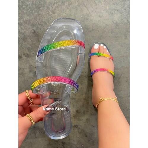 Summer Womens Shoes Rhinestone Jelly Shoes Fashion Open Toe Flat Women Sandals Outdoor Leisure Beach Slippers
