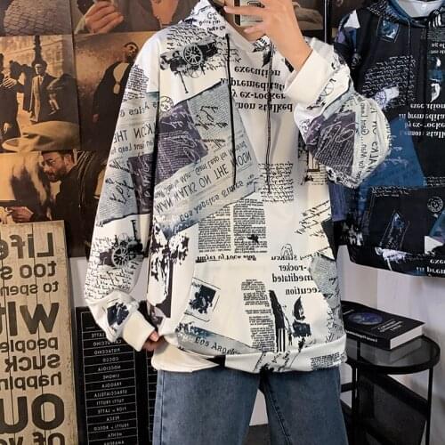 LUCLESAM Men Korean Fashion Newspaper Printing Hoodies Male Casual Loose Hooded Sweatshirt polerones de hombre sudaderas hombre