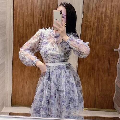 Purple Summer Mini Dress Women Korean Sweet Party Dress French Mesh Dress Ruffles Floral Print Stand Neck High Waist 2021 C644