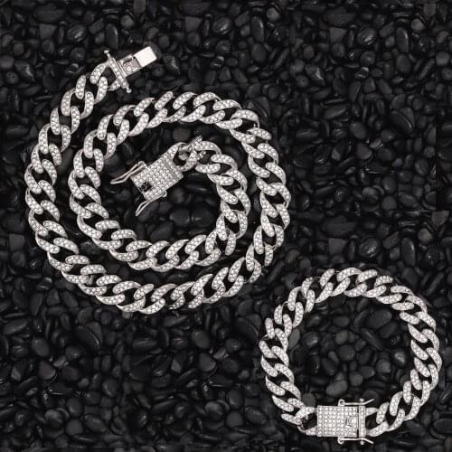 13mm Iced Out Cuban Necklace Chain Hip Hop Jewelry Choker Gold Silver Color Rhinestone CZ Clasp For Mens Necklaces Men Jewelry