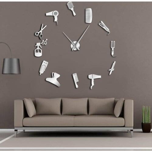 DIY Toolkit Barber Shop Giant Wall Clock with Mirror Effect Barber Decorative Frameless Wall Watch Hairdresser Barber Wall Art