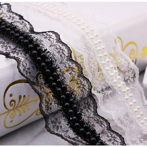 New 1yards /lot 4cm Black and White Pearl Beaded Lace DIY Clothing Wedding Underwear Home Curtain Lace Fabric Ladies Decoration