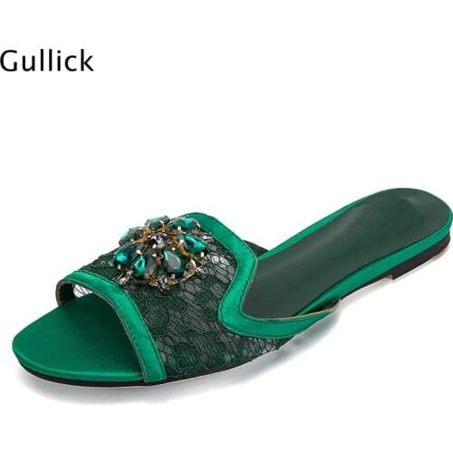 2020 New Summer Slipper Sandals Women Shinny Crystal Flowers Flip Flops Flats Shoe Open Toe Print Embroidery Outside Flip Flop