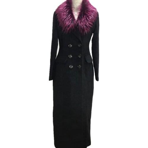 Fox fur Wool coat Womens new autumn and winter long thick Slim double-breasted black cashmere fox big fur collar coat