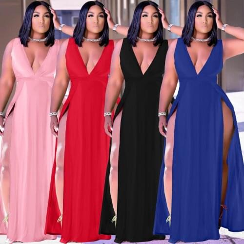 Echoine Elegant V-neck Long Maxi Dress Black Party Night Club Split Dresses Summer Sleeveless Vintage Dresses Sundress Robe new