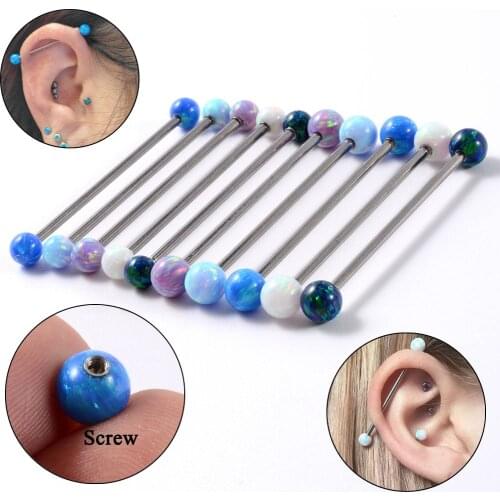 1PC Surgical Steel Opal Industrial Barbell Screw Opal Stone Industrial Earrings Cartilage Tragus Helix Piercing Body Jewelry
