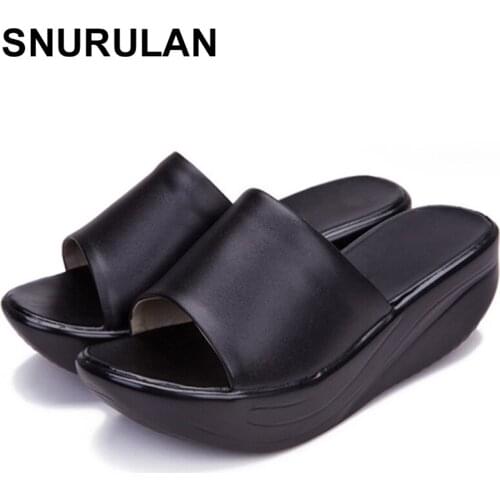 SNURULANWomen Toning Slippers Genuine Leather Platform Swing Shoes 2018 Summer Big Size Height Increase Lady Slippers LoseWeight