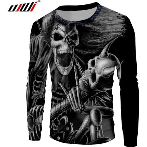 UJWI Mens Sweatshirt 3D Printed Long Hair And Angle Skull Man Black White Big Size Pullover Hip Hop Street Clothing 5XL