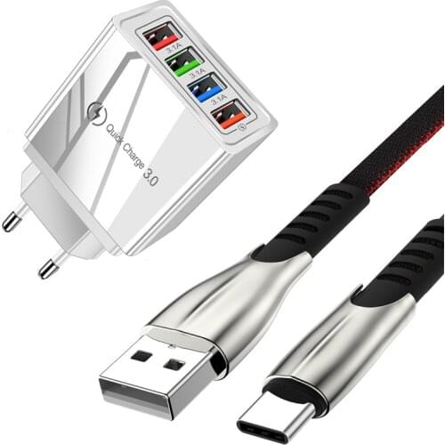 QC 3.0 4 Ports USB Phone Charger For Samsung S20 S10 Honor 30 20 10 Pro Redmi Note 7 8 9 Pro Type C 5A Fast Charging Data Cable