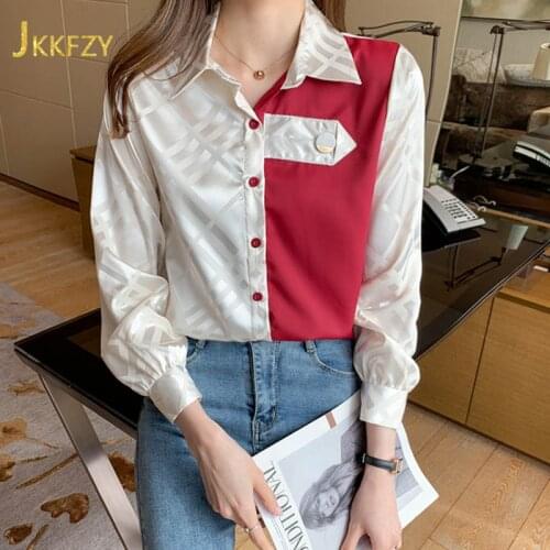 Womens Spring Satin Shirt Female Casual Contrasting Color Design Single Breasted Blouse Ladies Work Clothes Plus Size