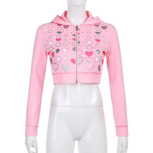 Sweetown Pink Cute Y2K Hoodies Women Colorful Heart Print Kawaii Pullovers Zip Up Long Sleeve 90s Aesthetic Cropped Sweatshirts