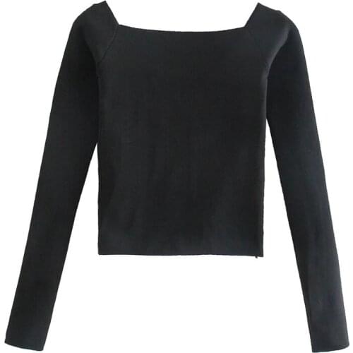 Merodi Women Casual Square Collar Knitted Pullover Short Tops Female Summer Long Sleeve Elastic Solid Blouse Chic
