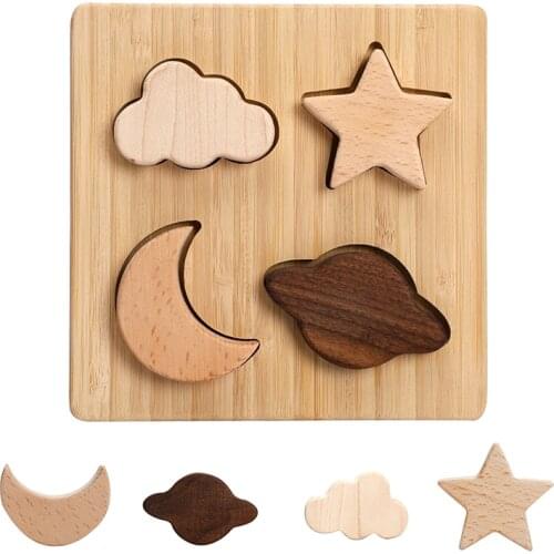 1Set Wooden Geometric Shapes Montessori Starry Sky Puzzle Preschool Learning Creative Jigsaw Stacking Block Toy Educational Game