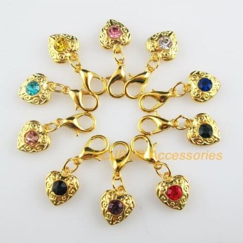 10 New Heart 10x11.5mm Charms Mixed Round Crystal Gold Color Retro With Lobster Claw Clasps