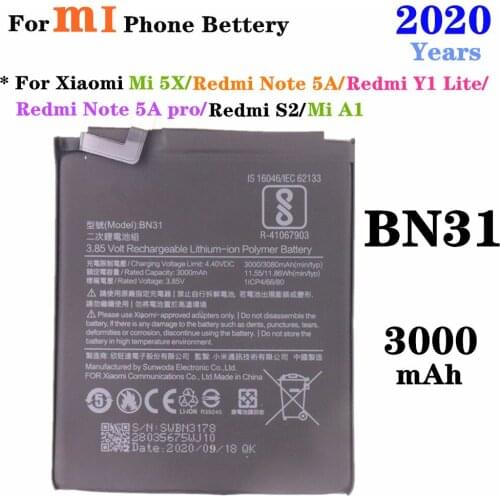 2020 Year For Xiaomi Redmi Note 5A pro Redmi Note 5A Mi 5X Mi A1 Redmi S2 Redmi Y1 Lite phone Replacement batteries BN31 Battery