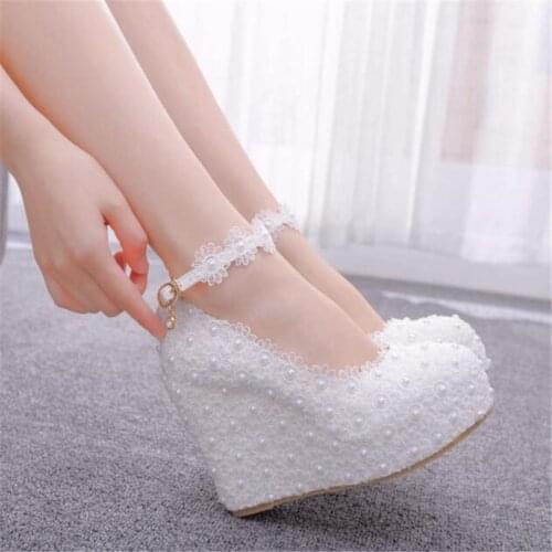 2021 new white wedges wedding pumps sweet white flower lace pearl platform pump shoes bride dress high heels