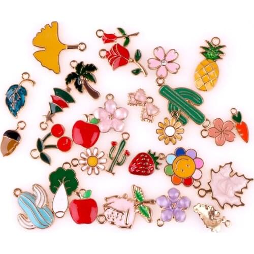 28pcs/lot MIX Enamel Sunflower Cactus Leaf Pendant Fruits Botany Flower For DIY Earring Necklace Charms 23626