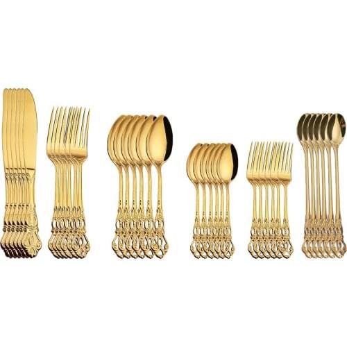 36pcs Gold Stainless Steel Cutlery Set luxury Dinnerware Knives Ice Tea Spoon Forks Kitchen Tableware For Dinner Silverware Gift