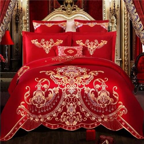 Chinese Wedding Bedding Set Double Happiness Dragon and Phoenix Bird Embroidery Red Wedding Duvet cover Sets King Queen 4/6/8pcs
