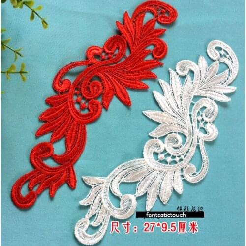 5 Pairs 27*9.5cm High Quality Red/Off White Lace Floral Patch Hot Sale Venise Applique Embroidery Sewing on Patches Scrapbooking
