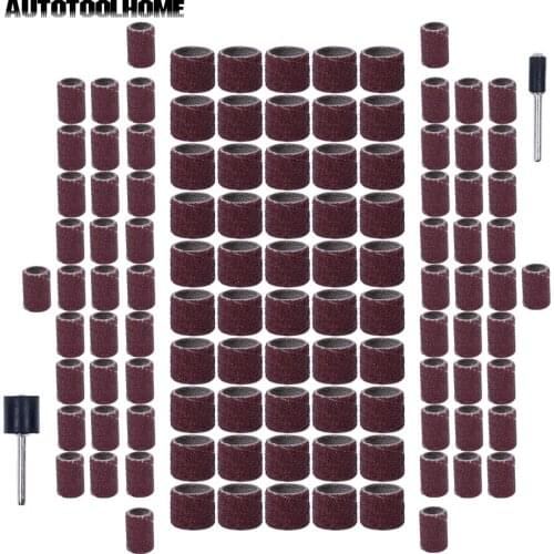 AUTOTOOLHOME 100pc 1/2 3/8 1/4" Drum Sanding Sand Sandpaper Sleeves Kit Sandpaper Rubber Mandrels For Dremel Rotary Tool