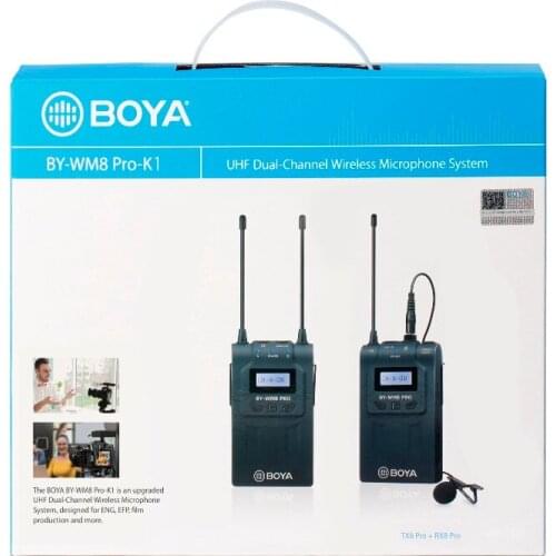 BOYA BY-WM8 Pro-K1 UHF Dual-Channel Lavalier Wireless Microphone System with LCD Screen for Canon Nikon DSLR Camera Camcorder