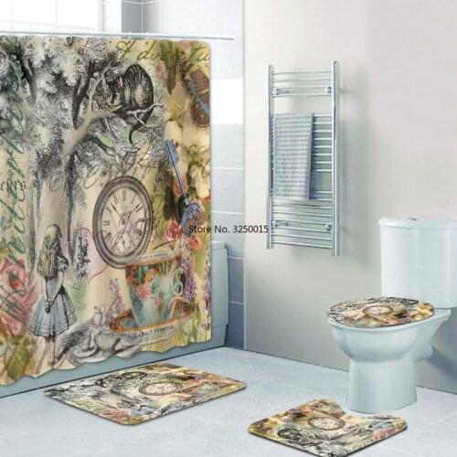 Home Decor Vintage Cheshire Cat Alice In Wonderland Poster Shower Curtain Set for Bathroom Curtain Bath Mats Rugs Carpet Toilet