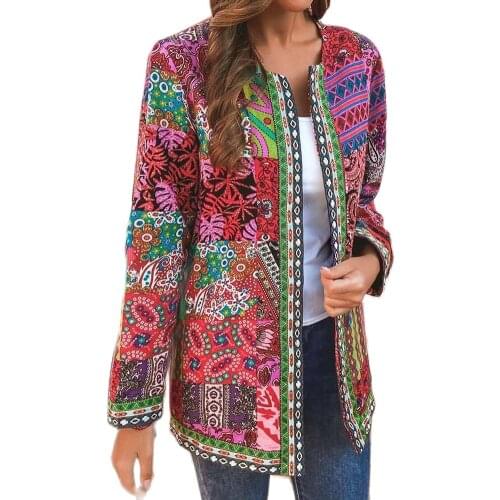 Cardigan women Autumn Winter Ethnic Floral Print Long Sleeve Loose Jacket Coat Cardigan Open Front with Pockets кардиган женский