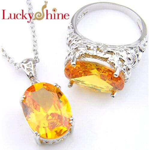 Luckyshine Wedding Holiday Gift Silver Plated Oval Yellow Zircon Created Stone Rings Pendants Necklaces Wedding Jewelry Sets