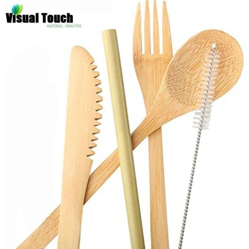 Visual Touch Outdoor Portable Bamboo Tableware Set Spoon Fork Straw Brush With Cloth Bag Travel Cutlery Suit Dinnerware Set