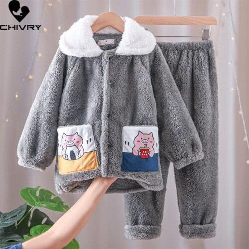 New Kids Flannel Pajama Sets Boys Autumn Winter Thicken Warm Home Wear Children Cartoon Lapel Long Sleeve Sleeping Clothing Sets