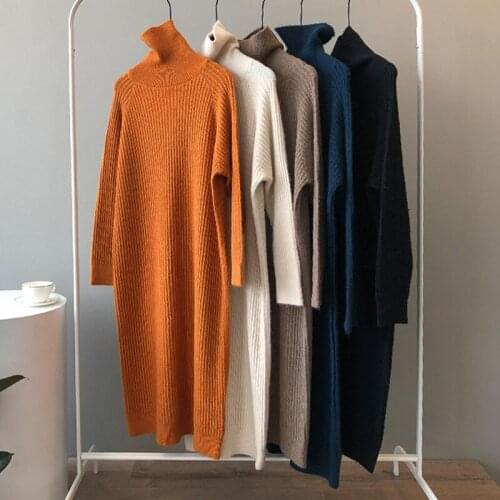 2020 Fall/winter New Loose High Neck Long Over-the-knee Pullover Lazy Sweater Knitted Dress
