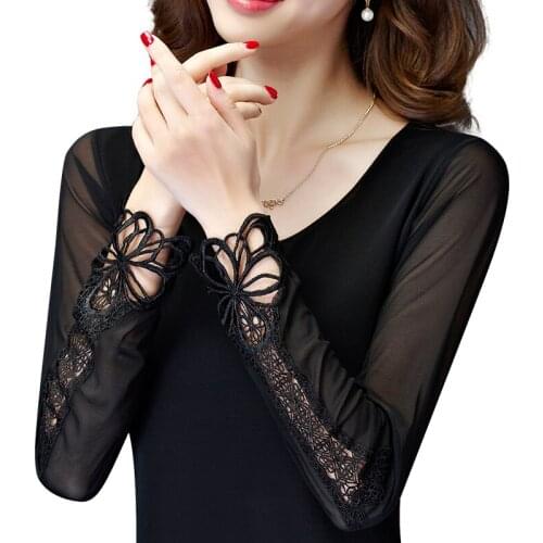 Autumn and winter women 's round necklace long - sleeved t shirt thin Slim solid black color shirt tops