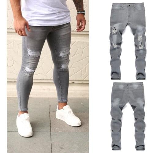 Sexy Stretch Ripped Jeans Men Gray Elastic Hole Jean Small Feet Pencil Pant Fashion Street Male Denim Trousers Pants for men