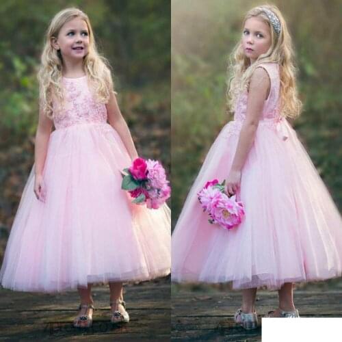 Stunning Toddler Kids Pink Flower Girl Dresses Western Girl Lace Dress Princess Jewel Neck Lace Girls Birthday Ball Gowns Tea Le