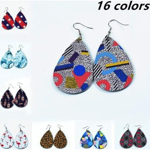 Ethnic Style PU Leather Double-Sided Printed Earring Retro Water Drop Shape Woman Charms Earrings Fashion Jewelry Gift Wholesale