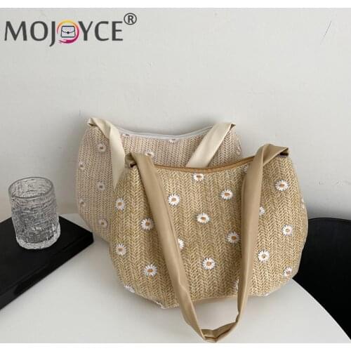 Vintage Ladies Shoulder Underarm Bag Women Mesh PU Woven Daisy Embroidery Purse Small Beach Handbags Women Summer Bags