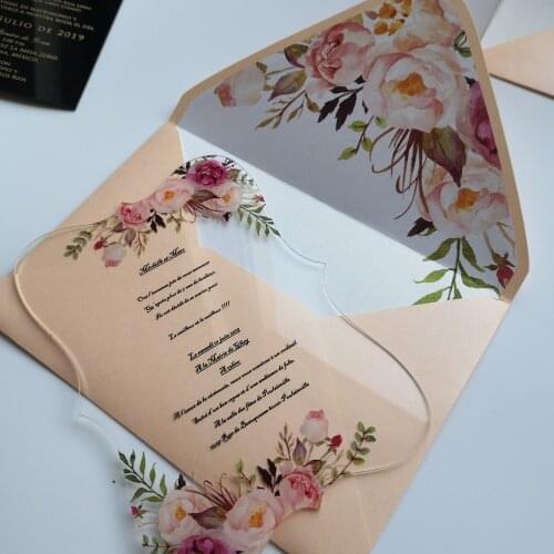 10pcs popular elegant wedding invitation card flower design clear acylic invitations with flower envelop personalize text