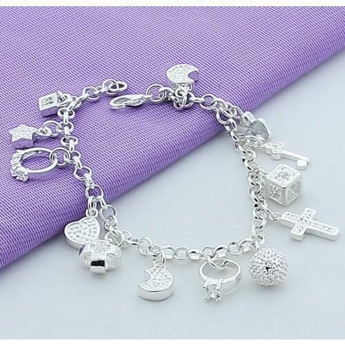 Silver 925 Jewelry Star Moon CZ Charm Bracelet Fashion Jewelry Cross Chain Bracelet 20cm For Women Gift