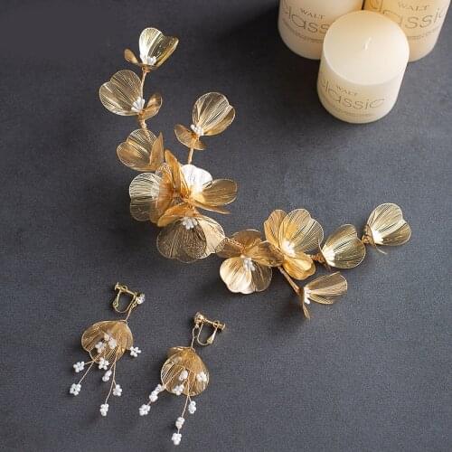 Baroque Forehead Head Jewelry Gold Metal Flower Tiara Earrings Sets Bridal Wedding Hair Accessories for Women Headpiece