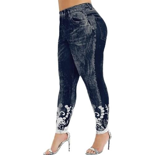 Plus Size Women Lace Leggings Fashion Imitation Distressed Denim Jeans Leggins Casual Higwaist Slim Elastic Pants Jeggings