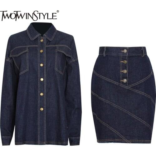 TWOTWINSTYLE Blue Casual Two Piece Set Women Lapel Long Sleeve Denim Coat High Waist Striped Skirt Womens Sets Autumn Style New