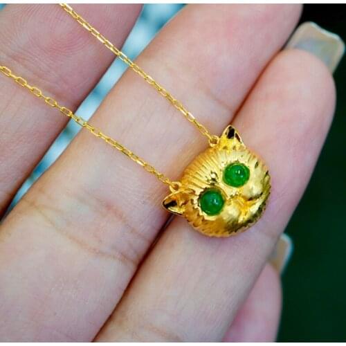 Solid 18K Gold Kitten Nature 0.16ct Green Emerald Gemstones Pendants Necklaces for Women Fine Jewelry for Women Gifts