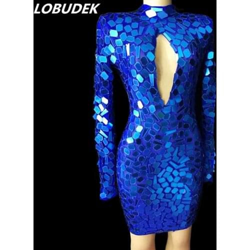 Women Blue Mirrors Mesh Hollow Out Dress Sexy Stylish Luxury Stage Performance Short Dress For Singer Host Models Sequined Dress