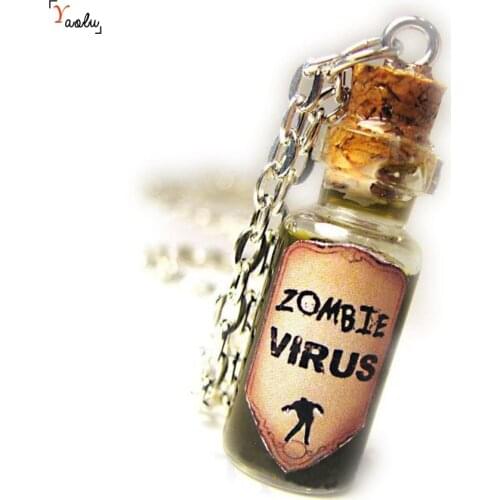 Zombie Vir us Bottle Necklace Dead Jewelry Zombie Jewelry Glass Bottle Cork Necklace Vial Charm Green Black Shimmer Magic Spells