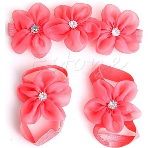3pcs/set Baby Girl Kids Barefoot Sandals Shoes Headband Crystal Flower Foot Band
