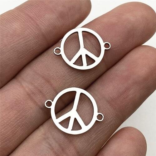 6PCS 13*17mm 100% Stainless Steel Peace Sign Connector For Jewelry Diy Making Handmade Double Pattern Peaceful Charm Pendant