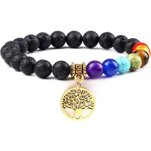 7 Chakra Natural Stone Bracelets Women Healing Reiki Tiger Eye Black Lava Beads Tree of Life Charm Bracelet for Men Yoga Jewelry